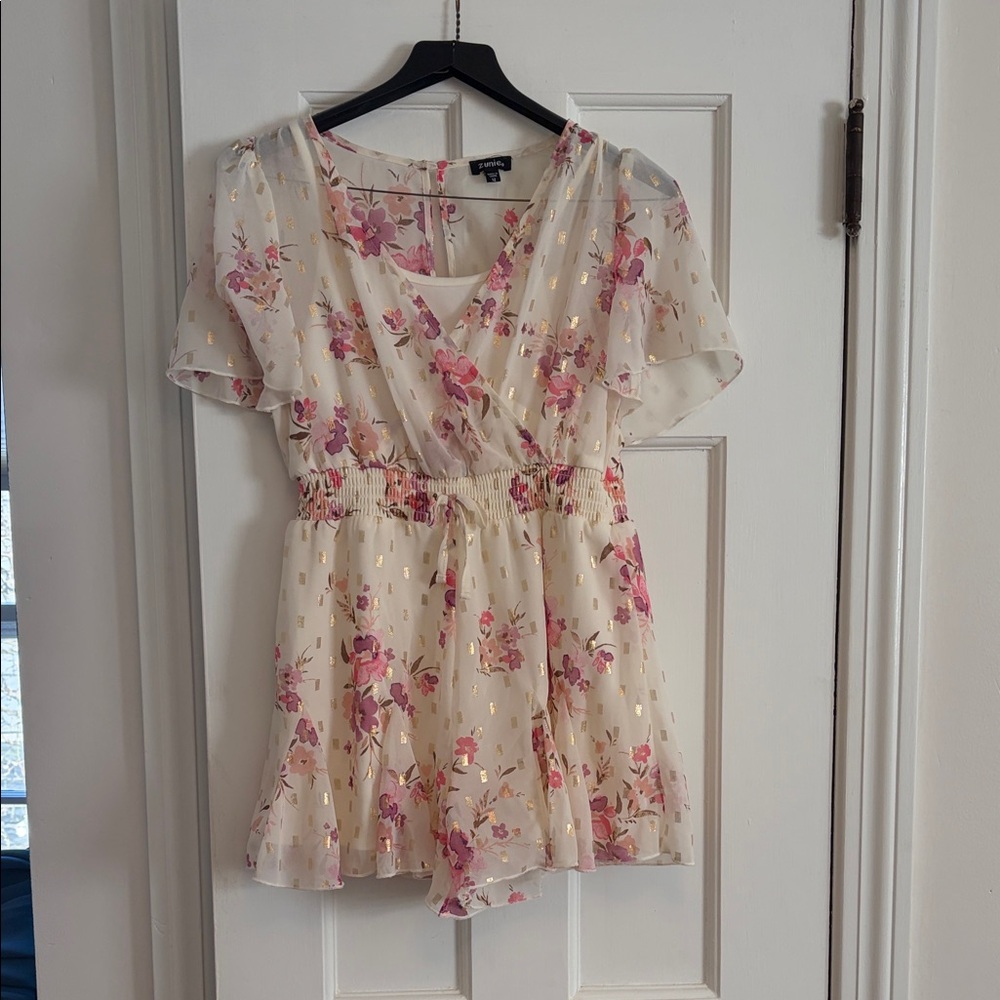 Zunie Cream Floral Romper with Pink Blossoms and Gold Accents